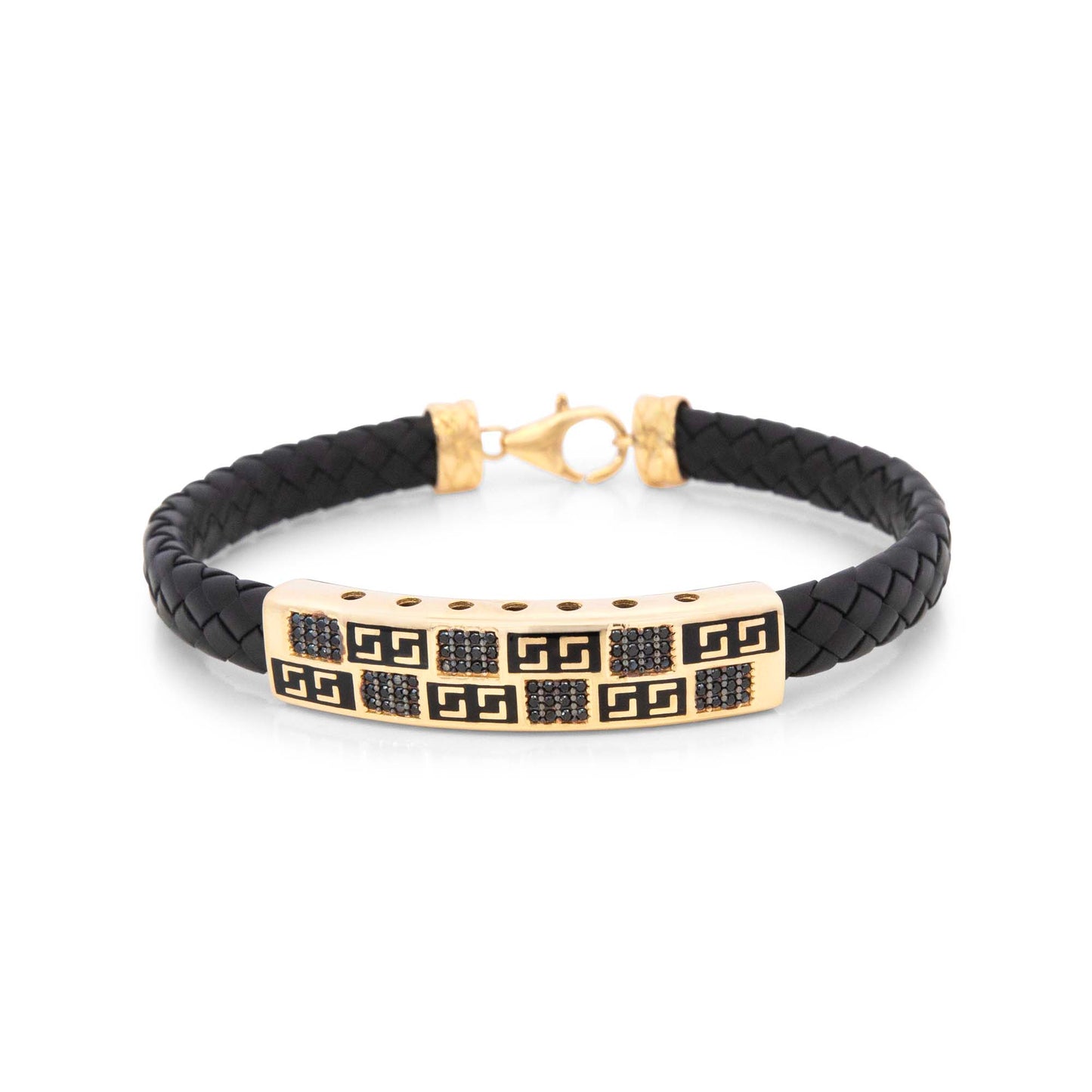 14k Yellow Gold Black Greek Pattern Men's Leather Bracelet