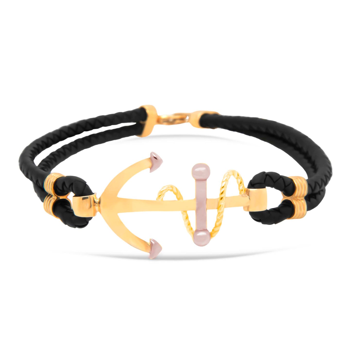 14k 2 Tones Gold Anchor Men's Leather Bracelet