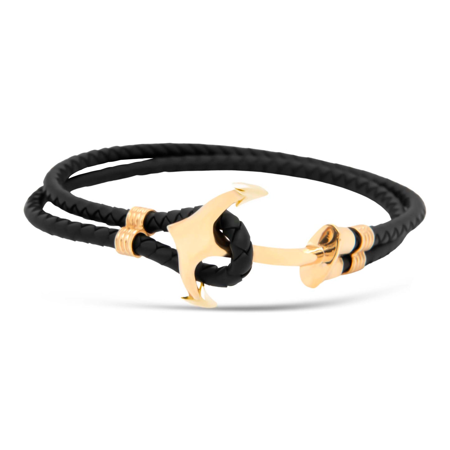 14k Yellow Gold Anchor Men's Leather Bracelet