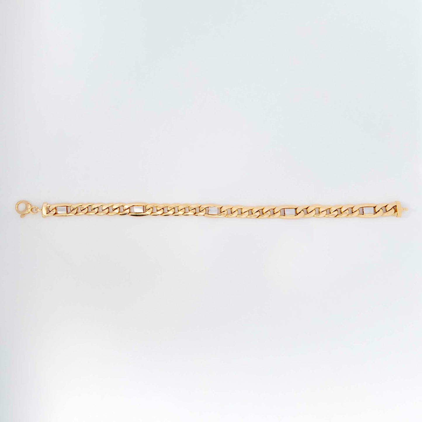 14k 2 Tones Gold White Bars on Cuban Link Thick Bracelet
