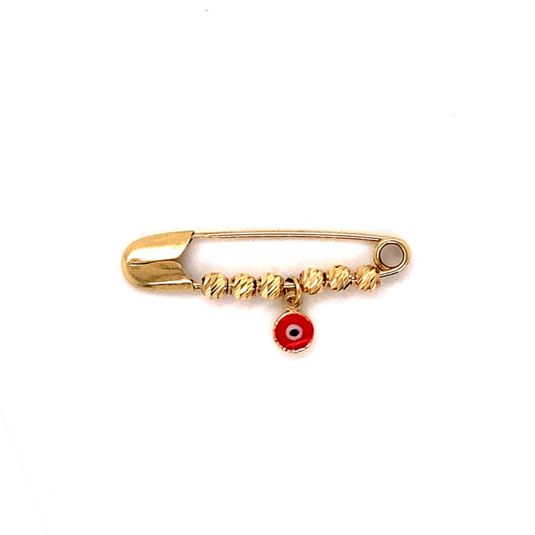 14k Yellow Gold Red Evil Eye Safety Pin