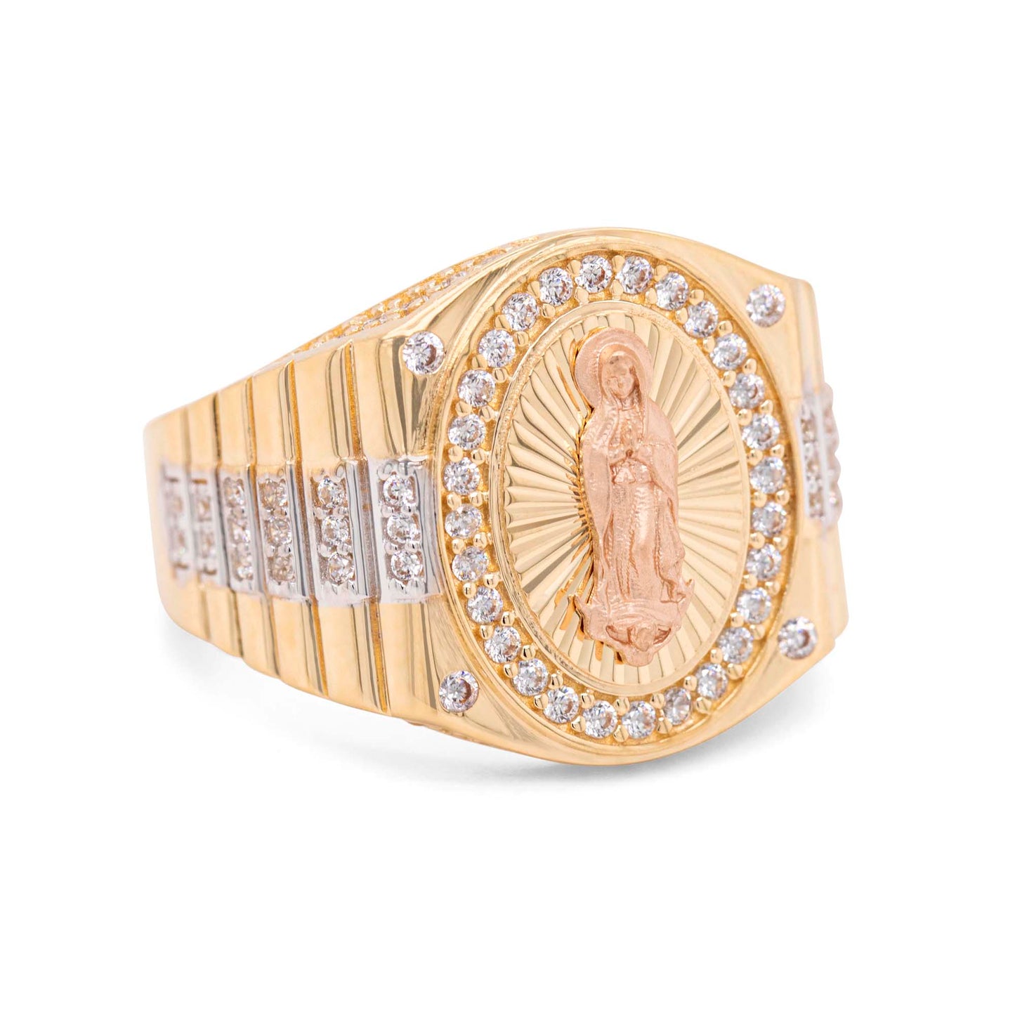 14K Tri-Color Diamond Cut Guadalupe with CZ Men's Ring