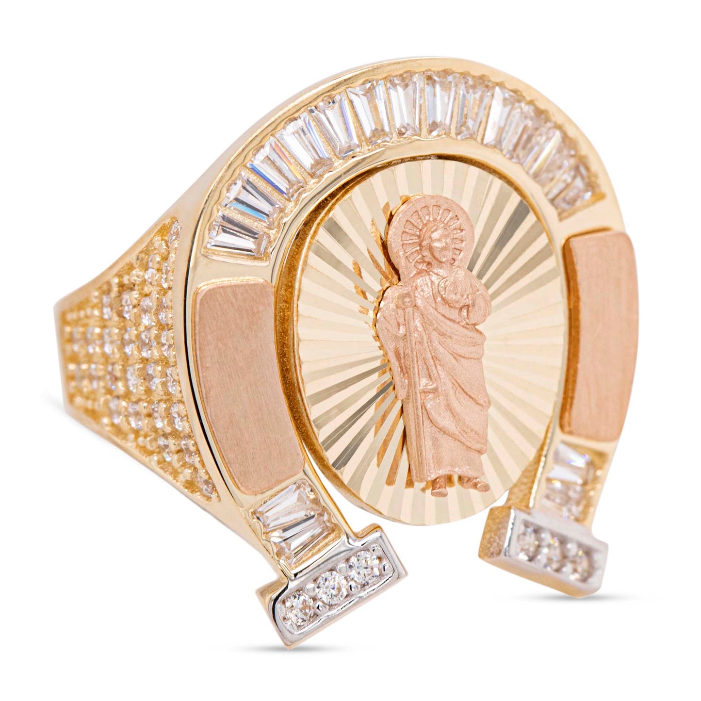 14K Tri-Color "San Benito" Diamond Cut with Baguette Pave CZ Men's Ring