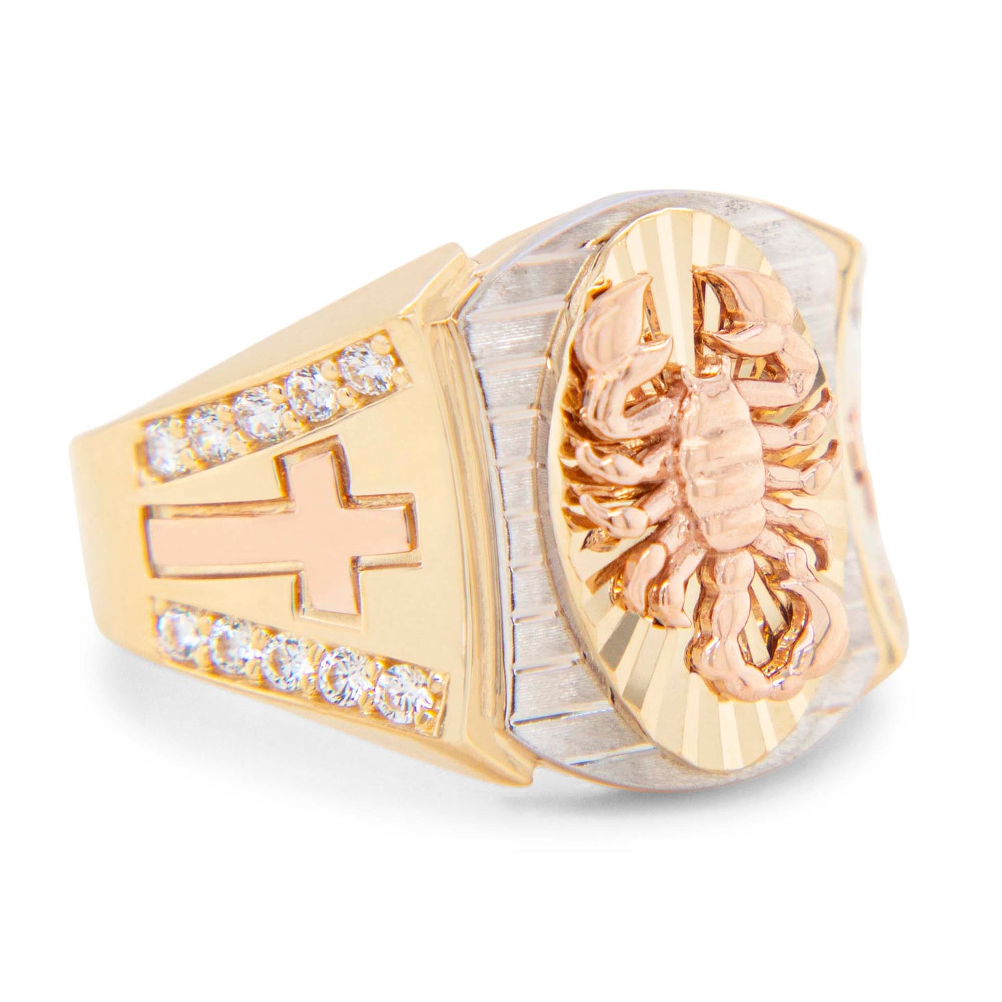 14K Tri-Color Scorpion with White CZ Accents and Cross Detail Men's Ring