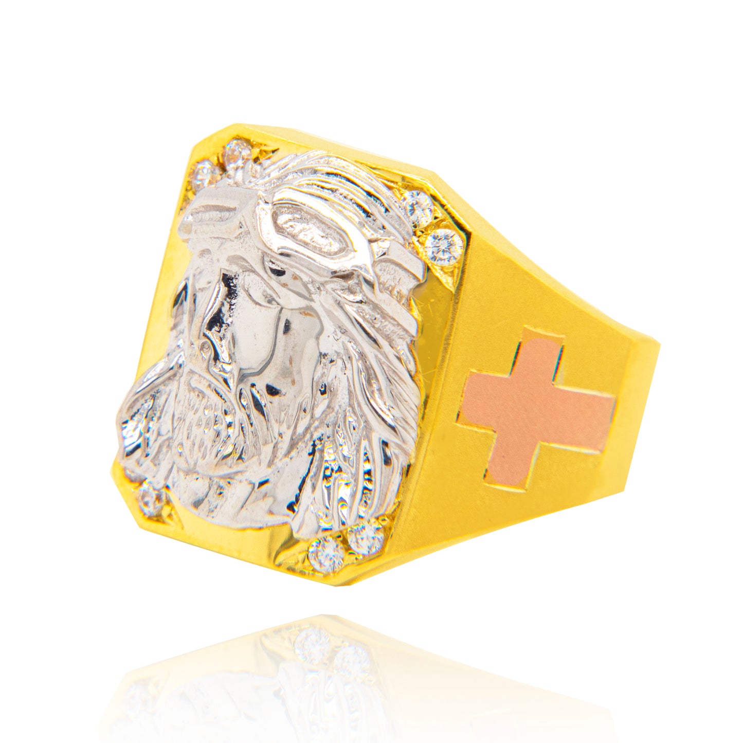 14K Tri-Color Gold 2D Jesus Face Men's Ring