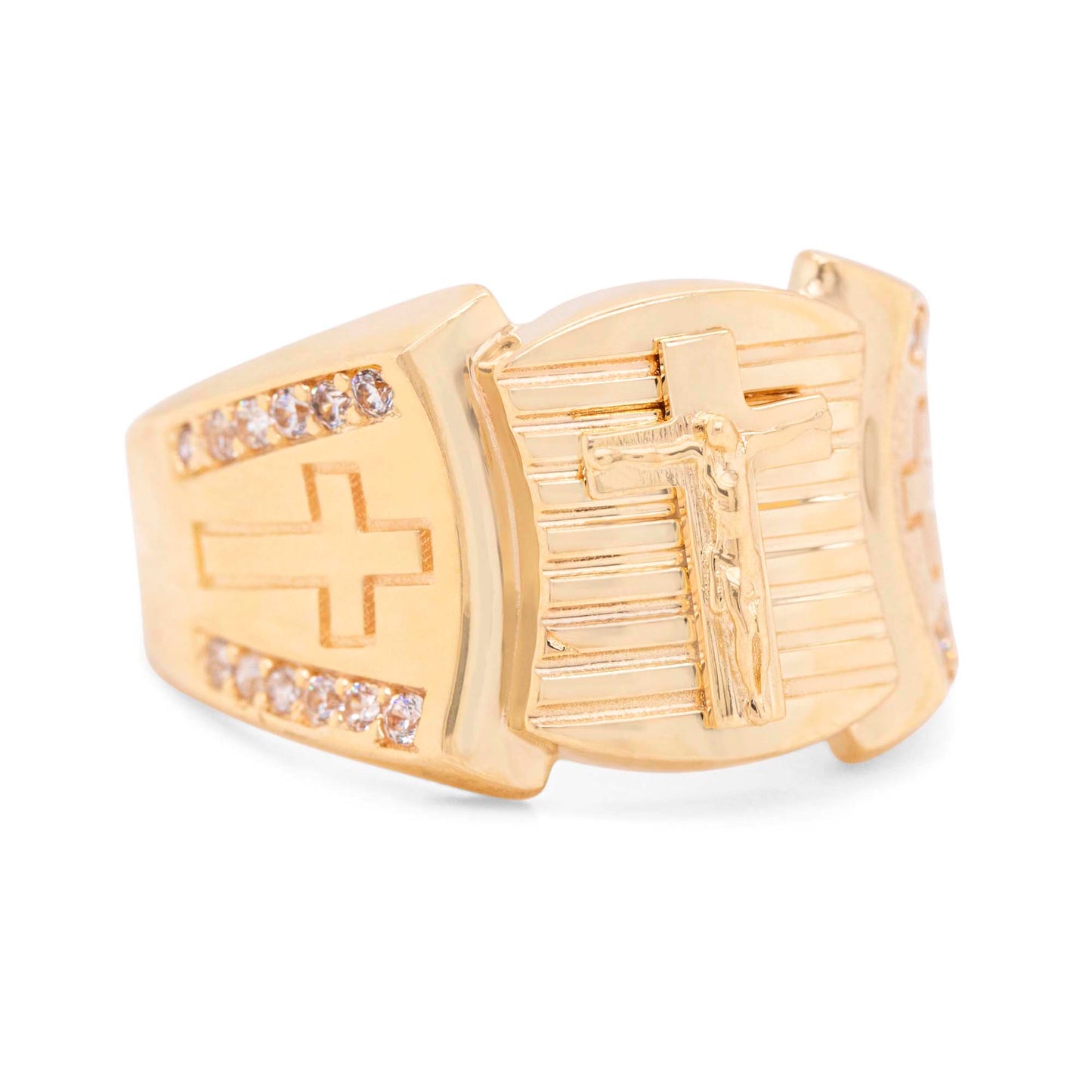 14K Yellow Gold Crucifix with Side Cross CZ Men's Ring
