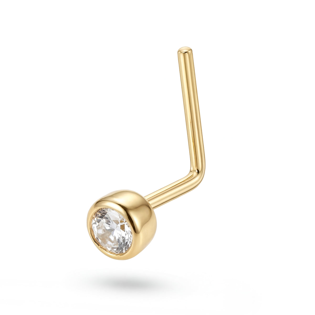 14K Yellow Gold White CZ L-Bar Nose Ring