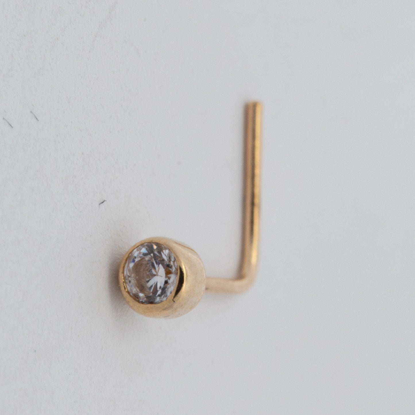 14K Yellow Gold White CZ L-Bar Nose Ring