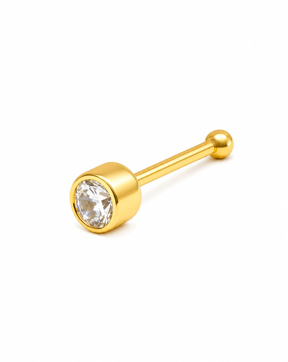 14K Yellow Gold Solitaire Bezel-Set White CZ Nose Ring