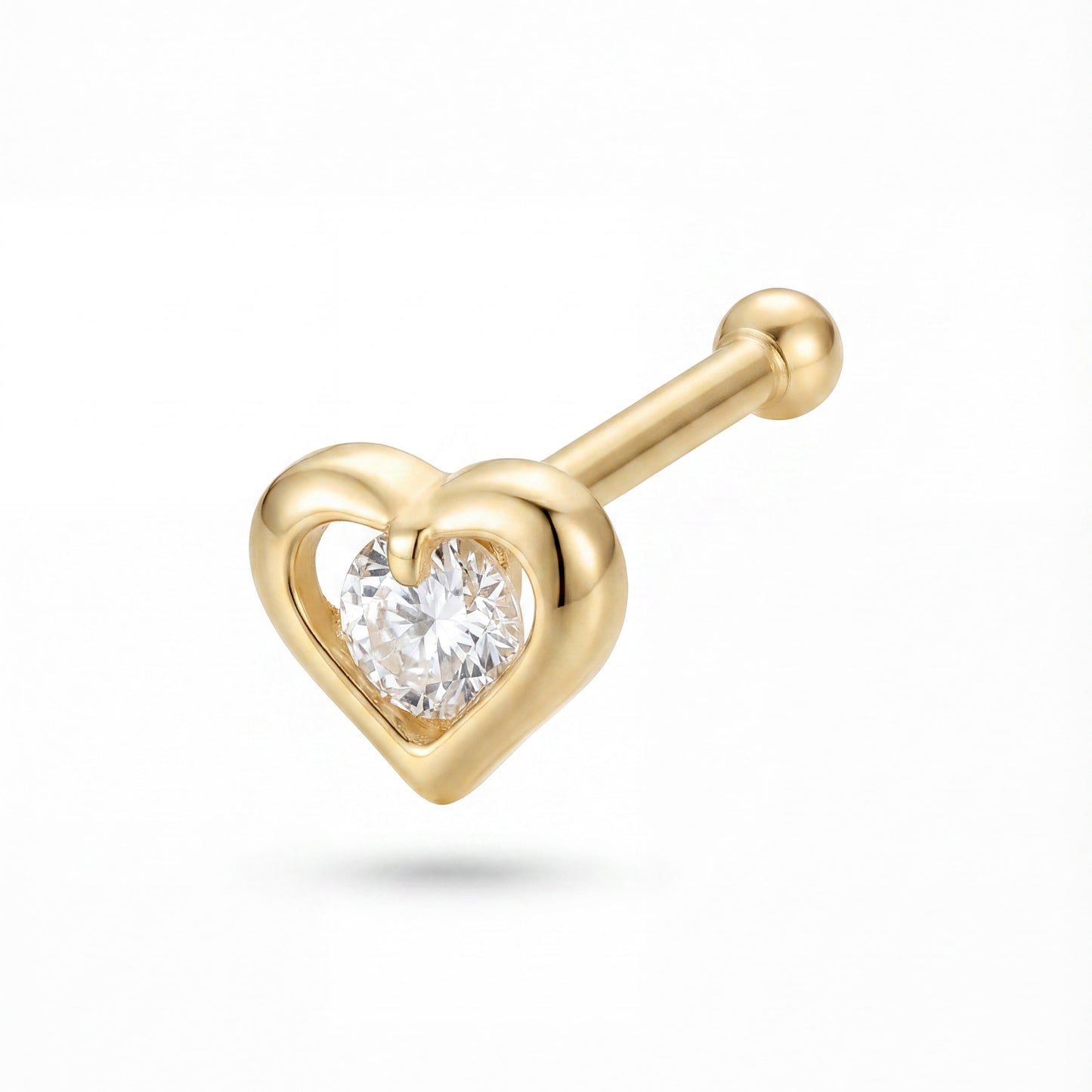 14K Yellow Gold Unique White CZ Heart Nose Stud