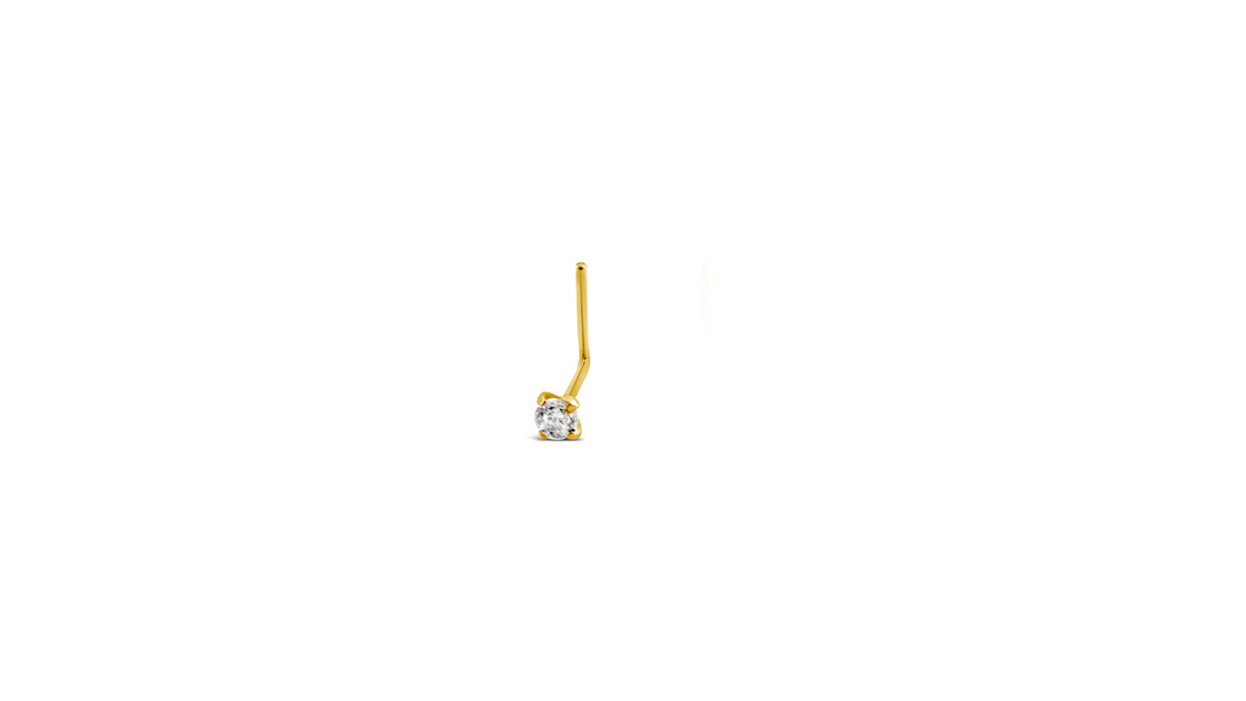 14K Yellow Gold 2MM White CZ L-Bar Nose Ring