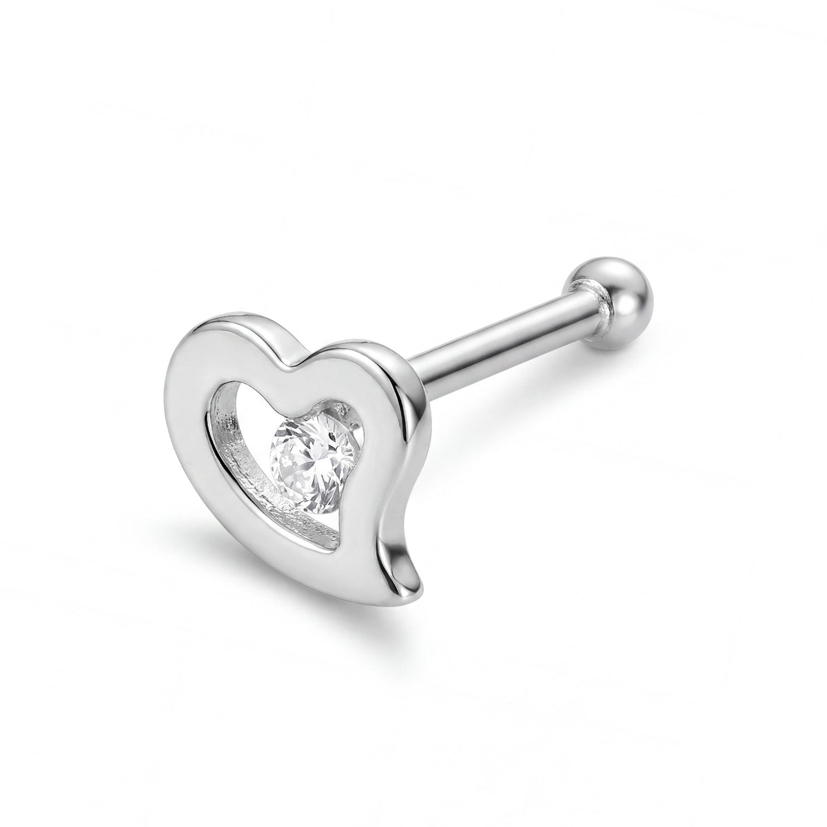 14K White Gold Unique White CZ Heart Nose Stud