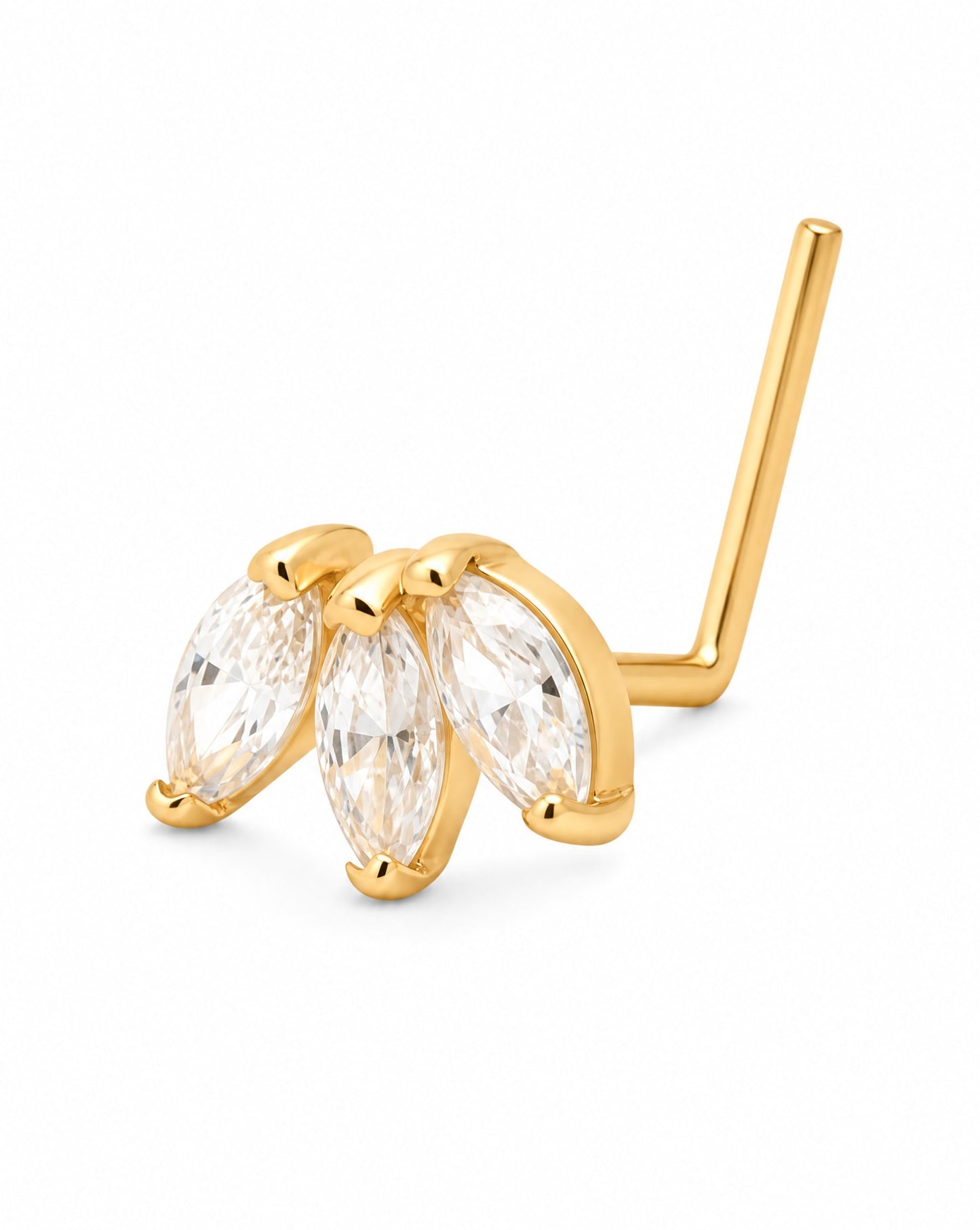 14K Yellow Gold Triple Marquise L-Bar Nose Ring