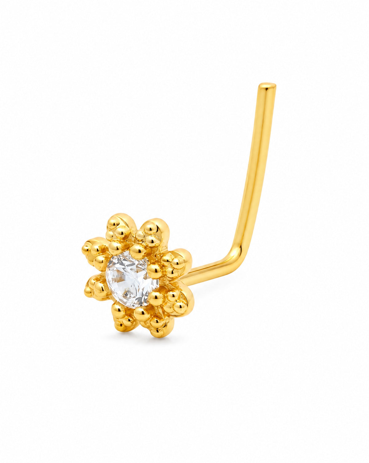 14K Yellow Gold Detailed Flower CZ Center L-Bar Nose Ring