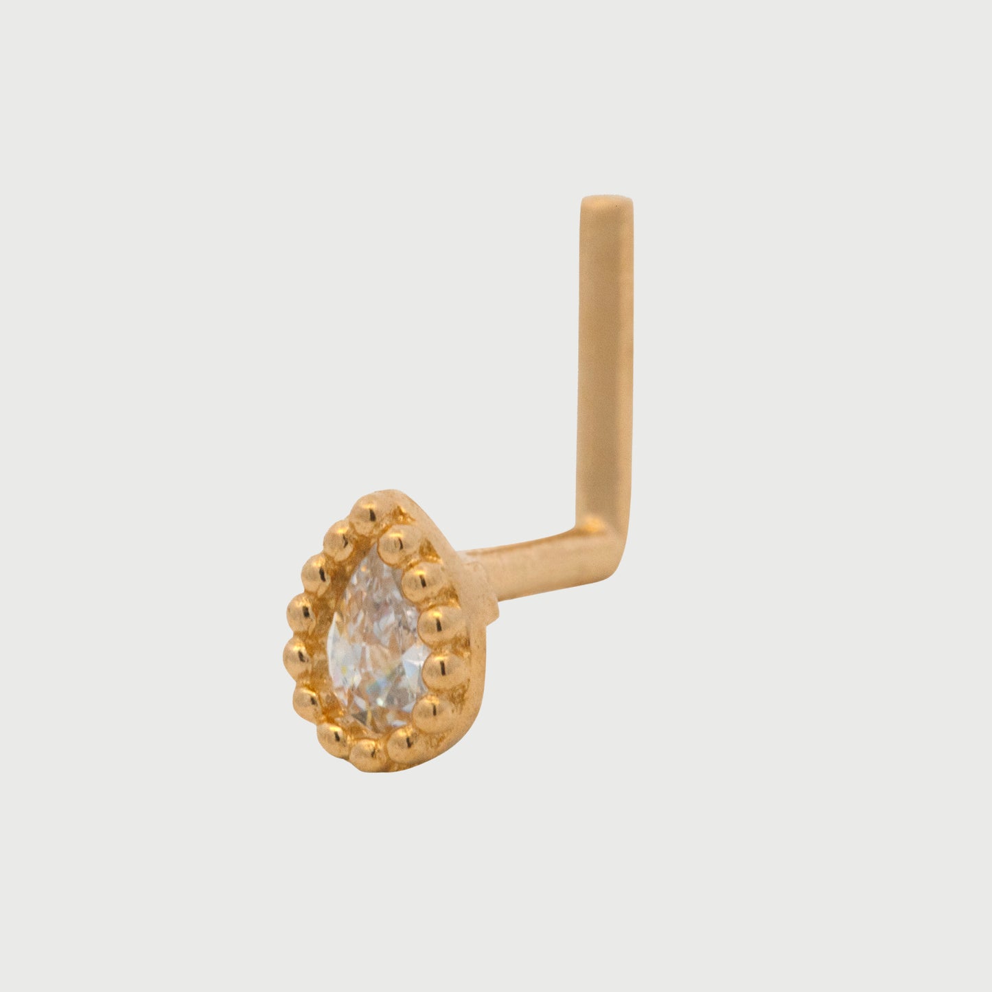 14K Yellow Gold White CZ Teardrop L-Bar Nose Ring