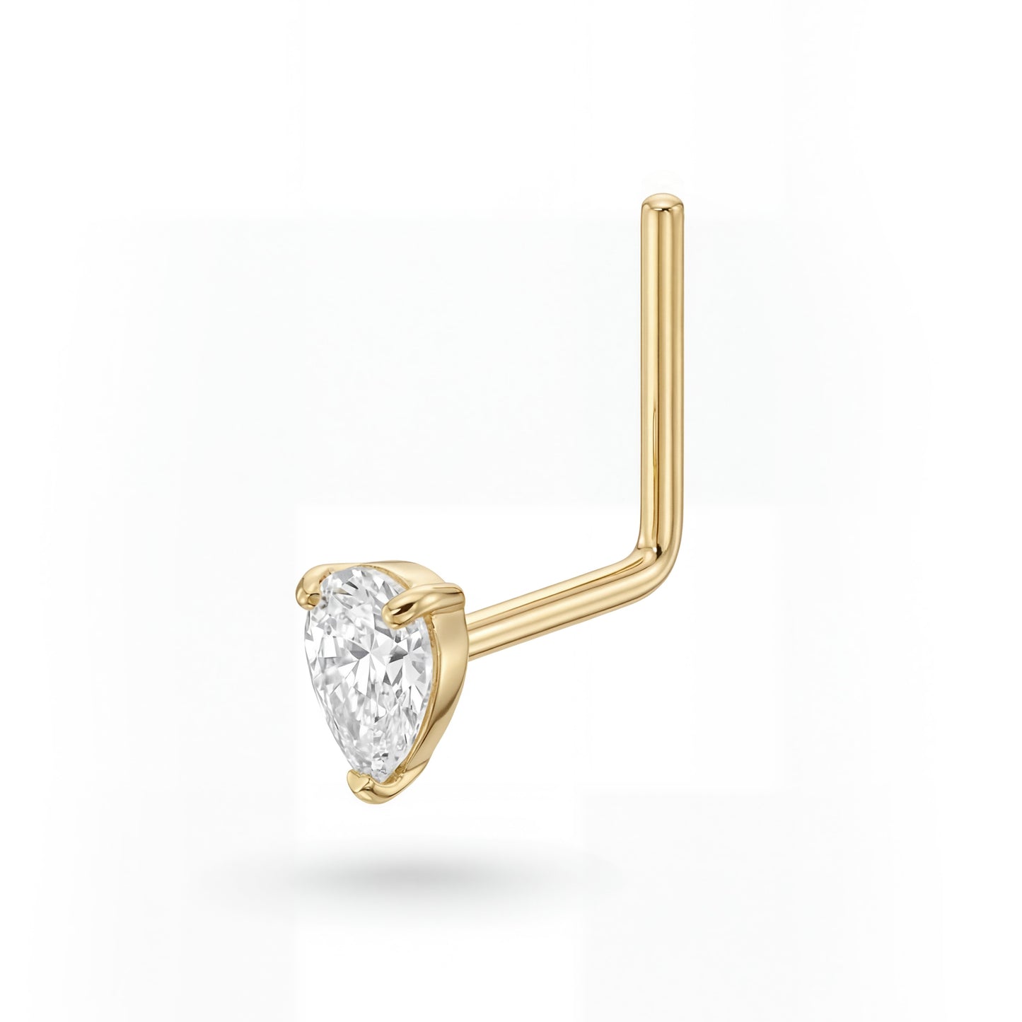 14K Yellow Gold Teardrop Prong White L-Bar Nose Ring