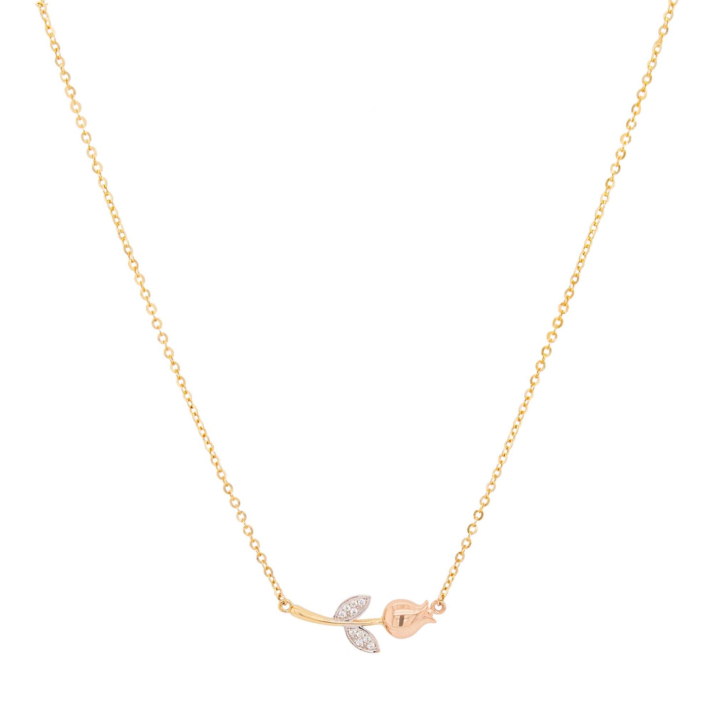 14K Tri-Color Gold Rose with CZ Accents Necklace