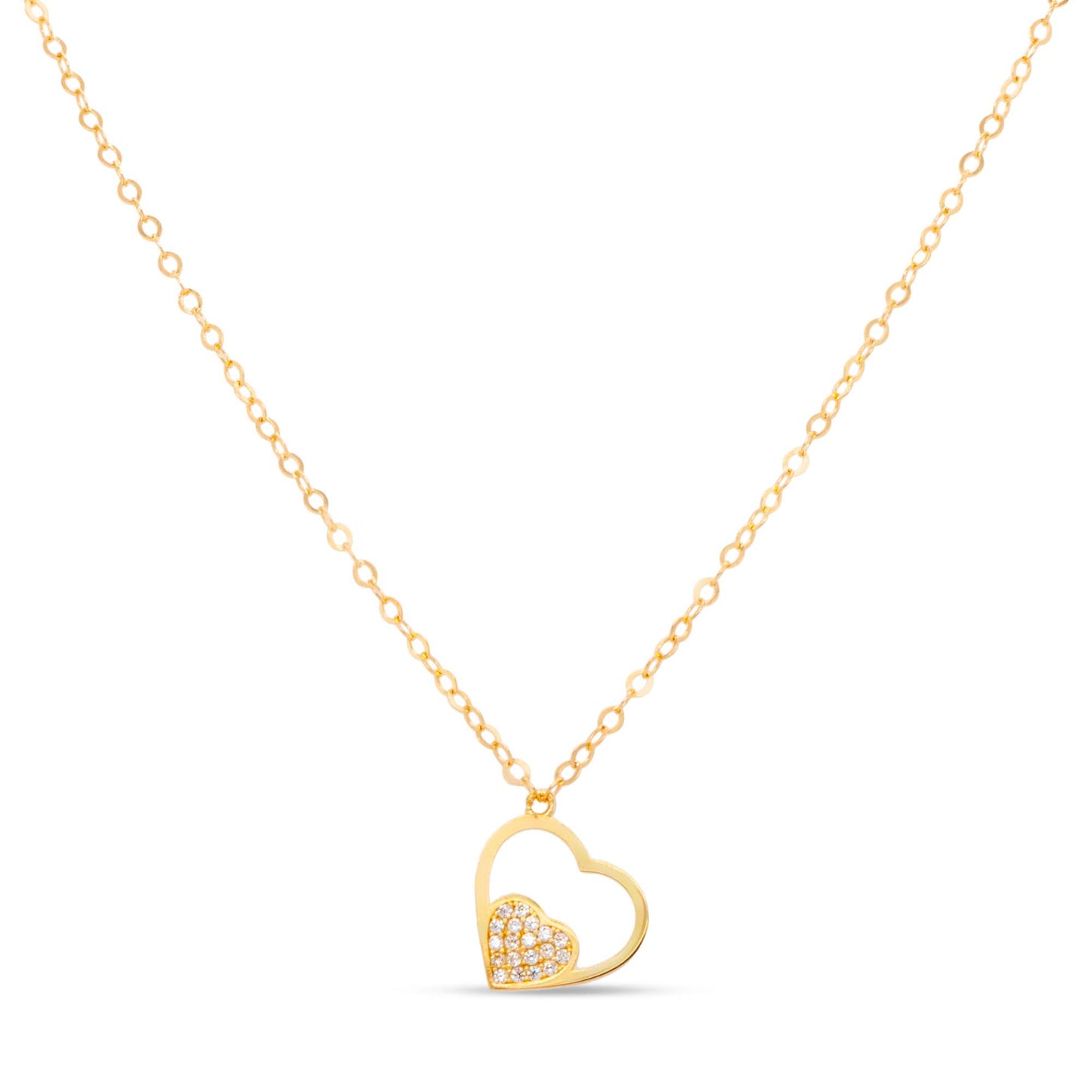 14K Yellow Gold Double Open Heart CZ Necklace