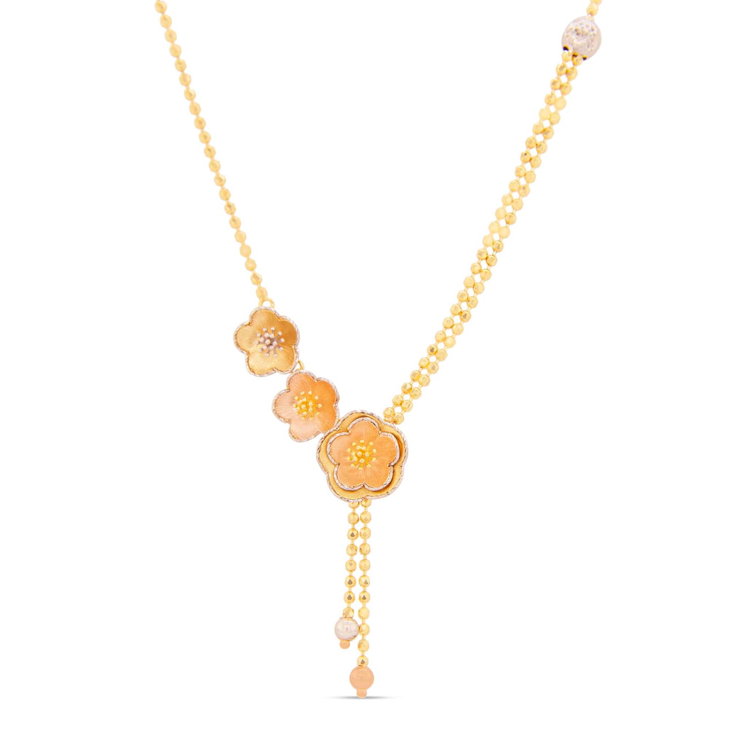 14K Tri-Color Gold Beaded Dangling Blossom Necklace