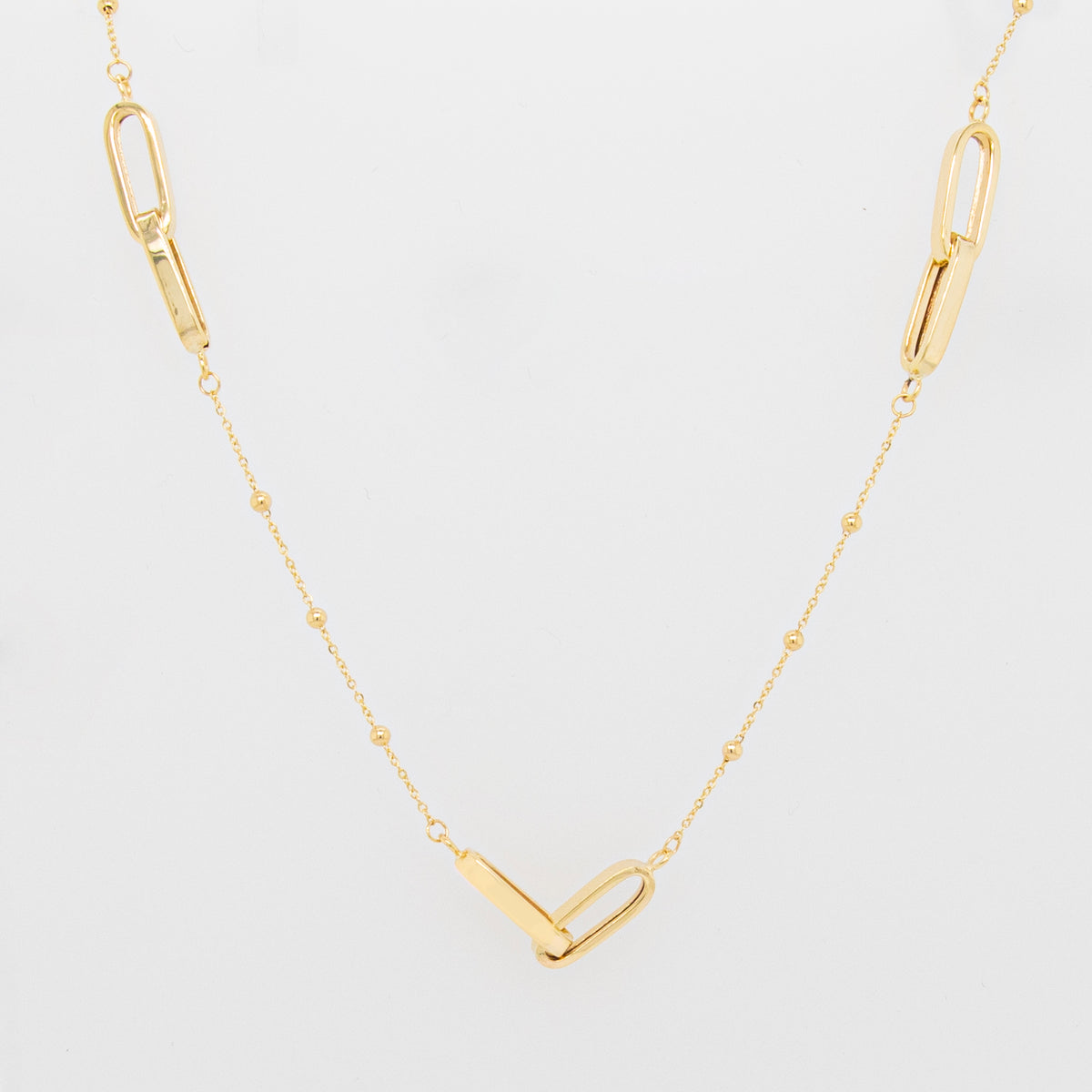 14K Yellow Gold Double Paper Clip & Beads Necklace