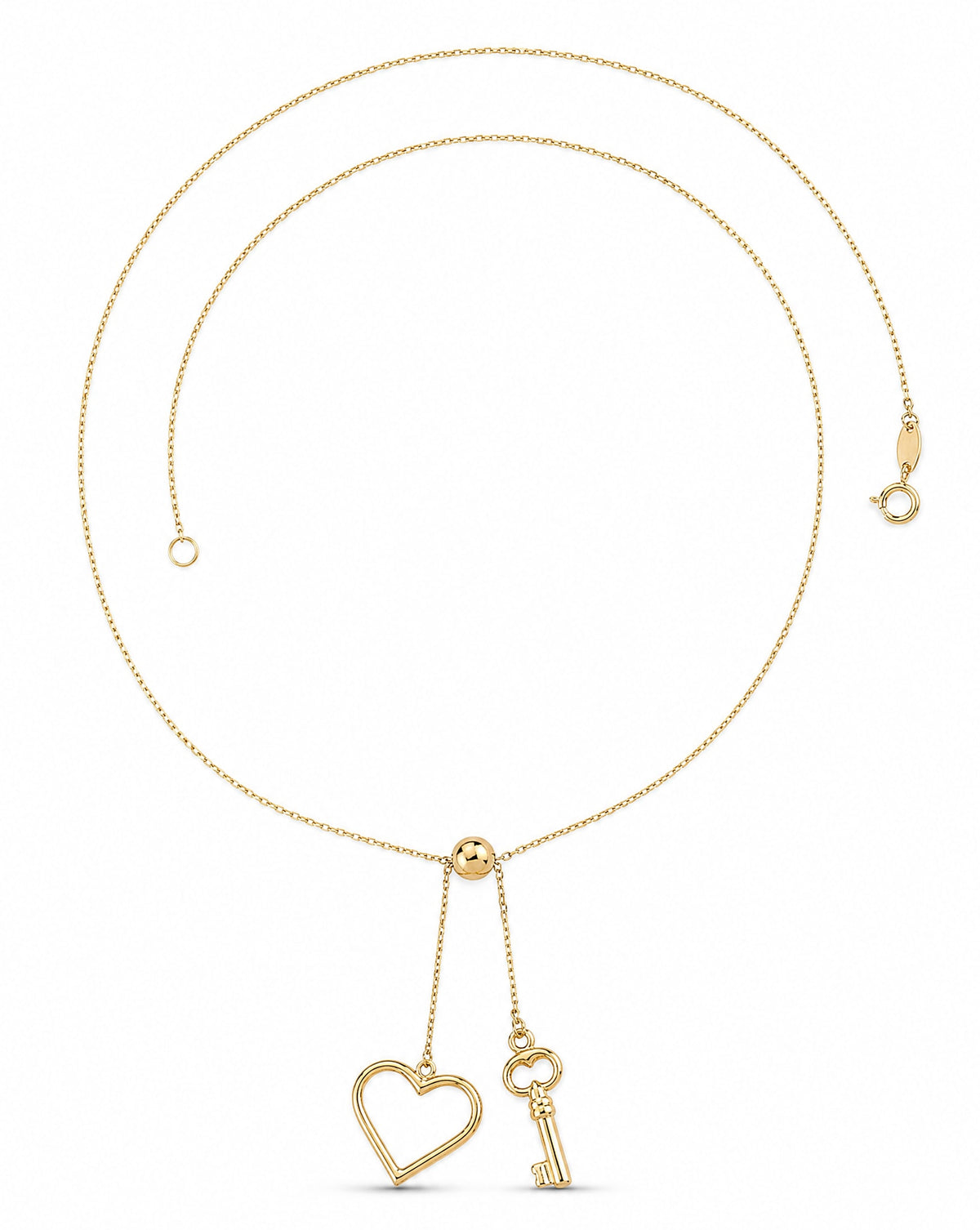 14K Yellow Gold Open Heart and Key Lariat Necklace