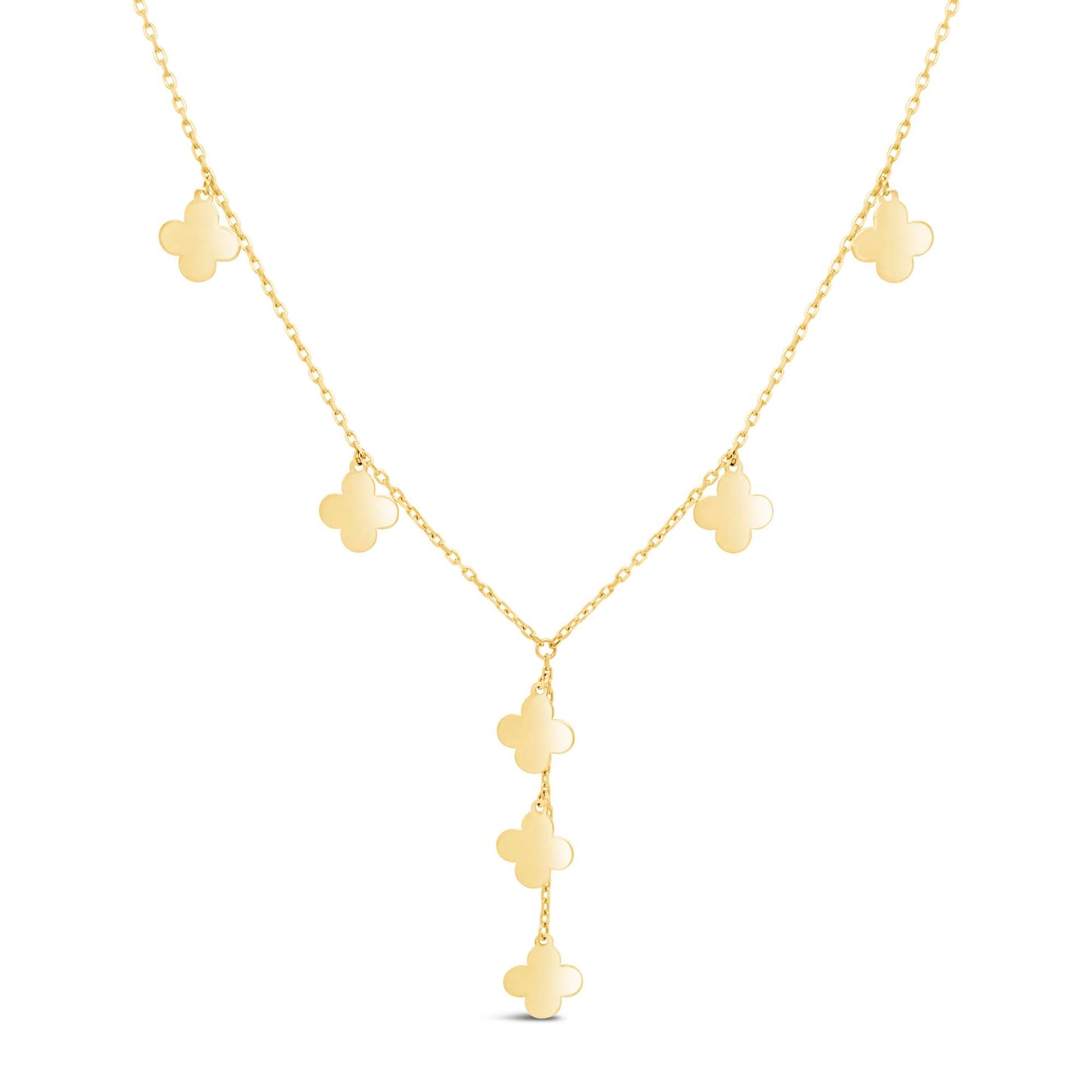 14K Yellow Gold Dangling Clover Charms Lariat Necklace