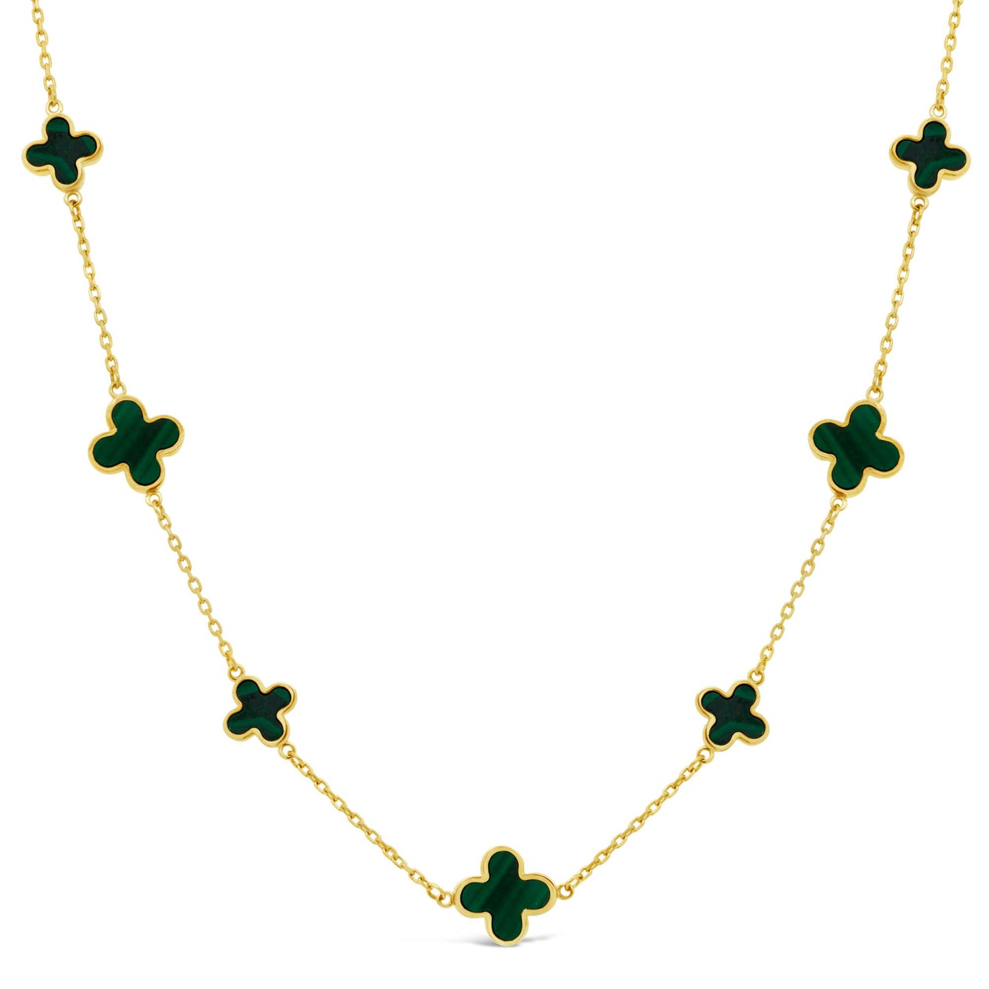 14K Yellow Gold Small & Large Green Malachite Clover Necklace