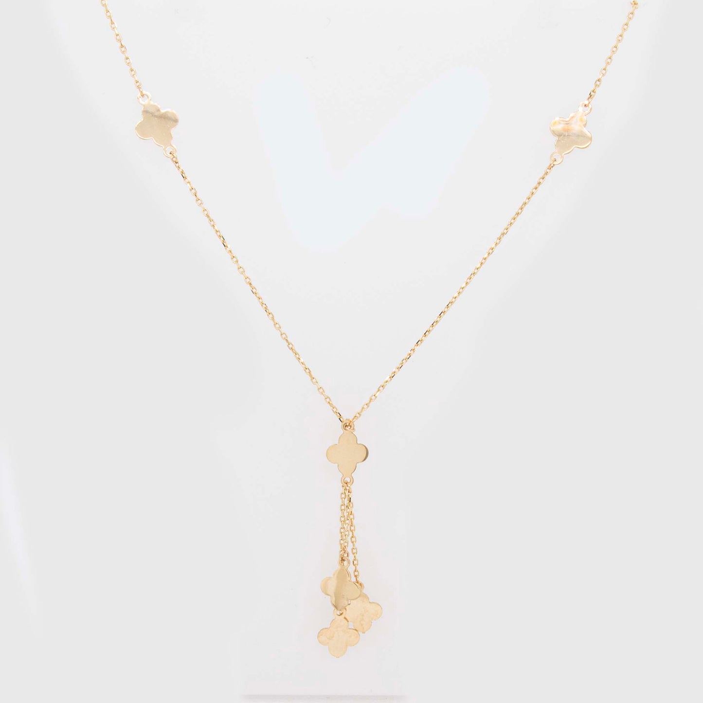 14K Yellow Gold Dangling Clovers Lariat Necklace