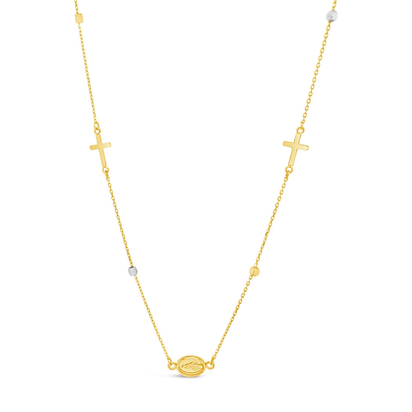 14K Yellow & White Gold Cross and Virgin Mary Medal Necklace