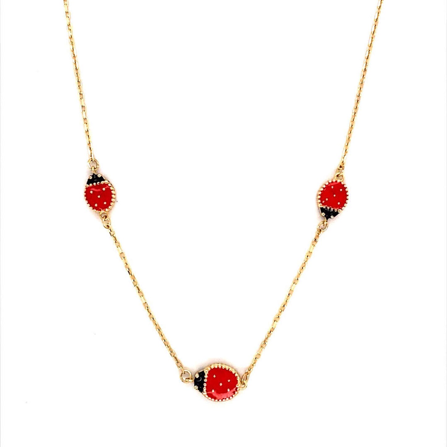 14K Yellow Gold Enamel Ladybugs Necklace