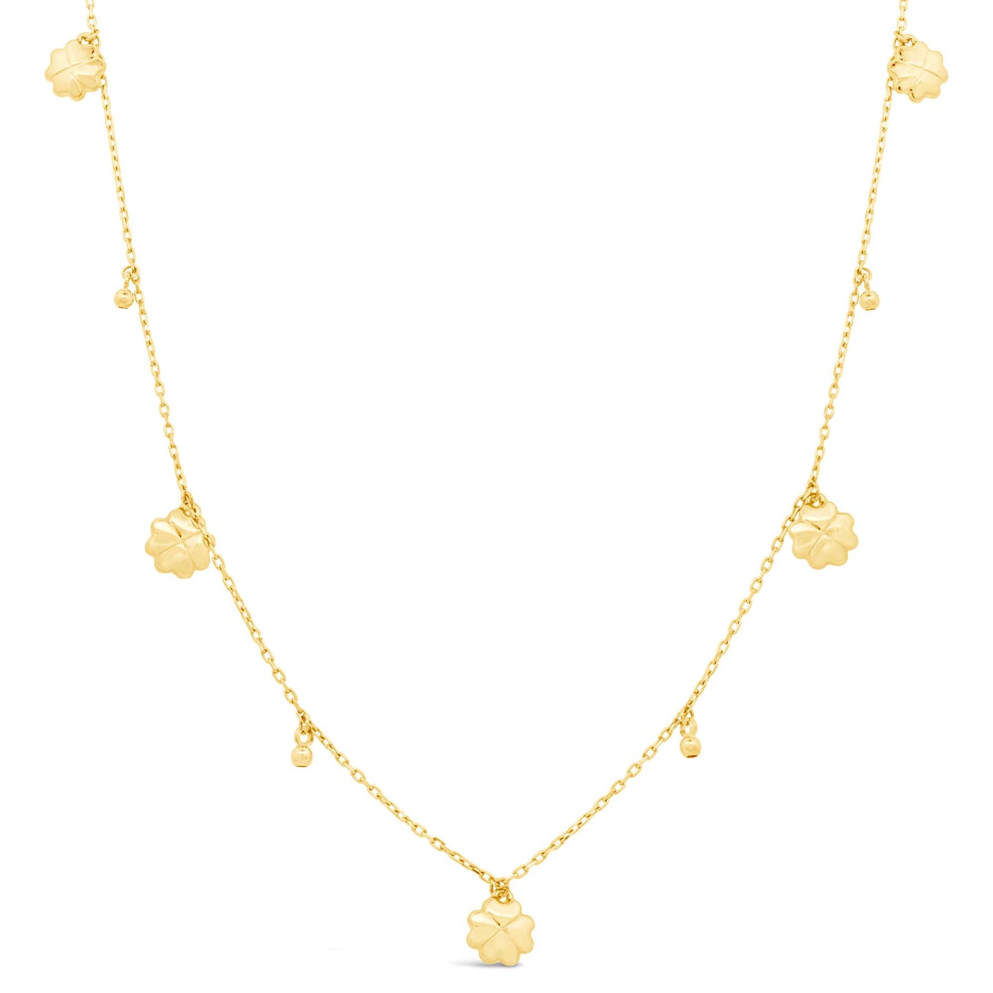 14K Yellow Gold Necklace Dangling Clover and Bead Charms Necklace