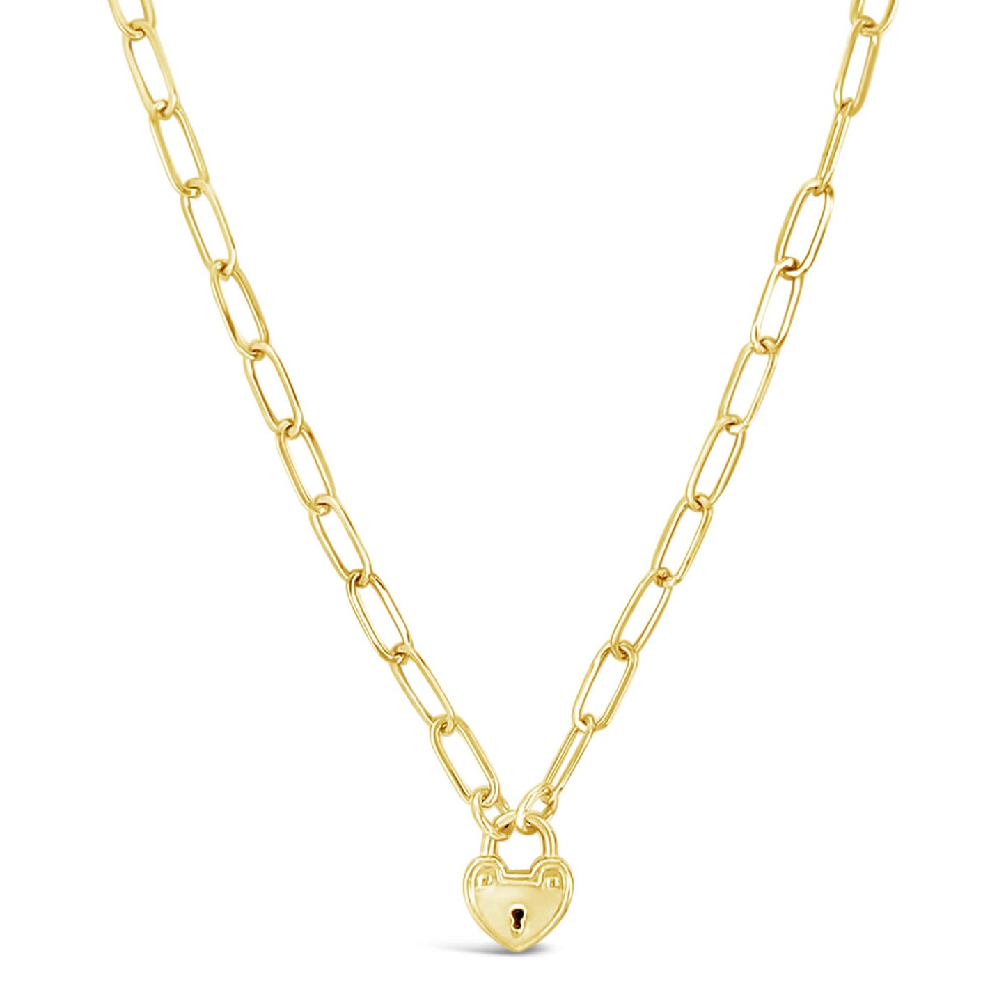 14K Yellow Gold Heart Padlock Paper Clip Link Necklace