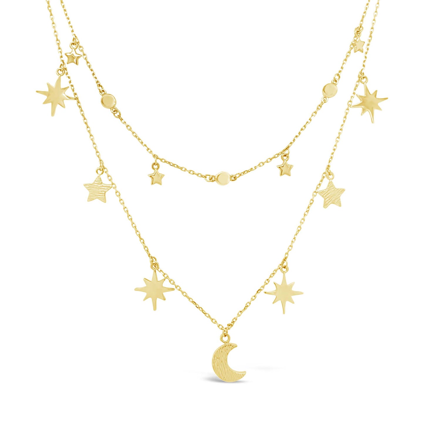 14K Yellow Gold Dangly Star and Moon Charms Layered Necklace