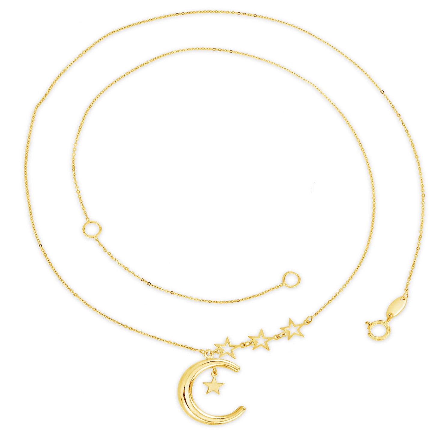 14K Yellow Gold Crescent Moon and Stars Pendant Necklace