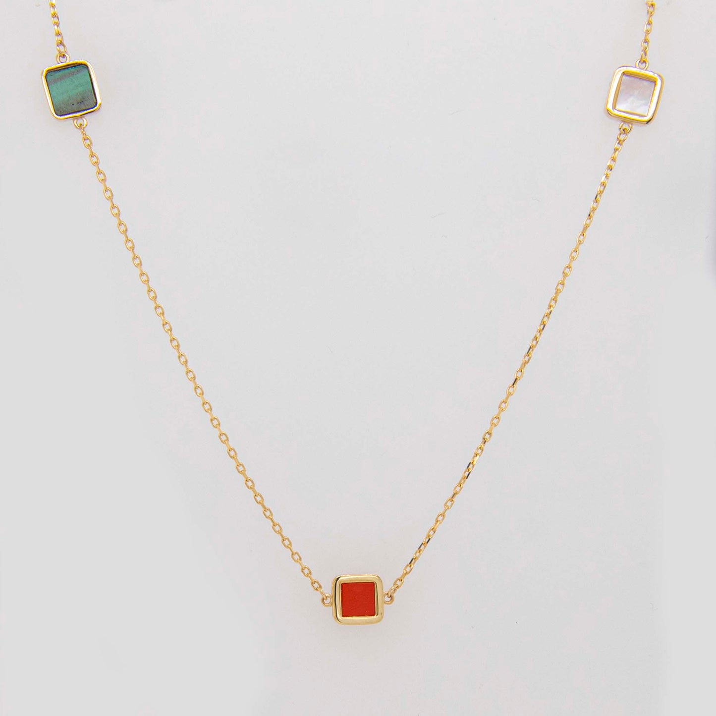 14K Yellow Gold Square Malachite, Coral, and Mother of Pearl Station Necklace