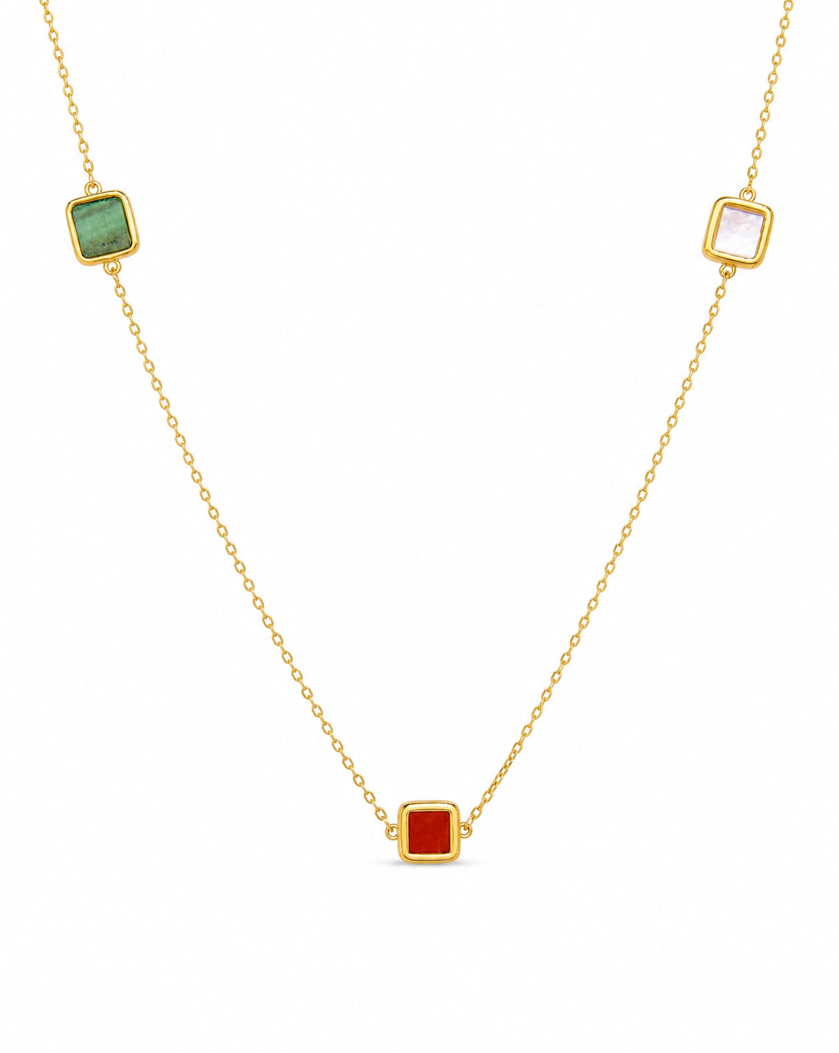 14K Yellow Gold Square Malachite, Coral, and Mother of Pearl Station Necklace