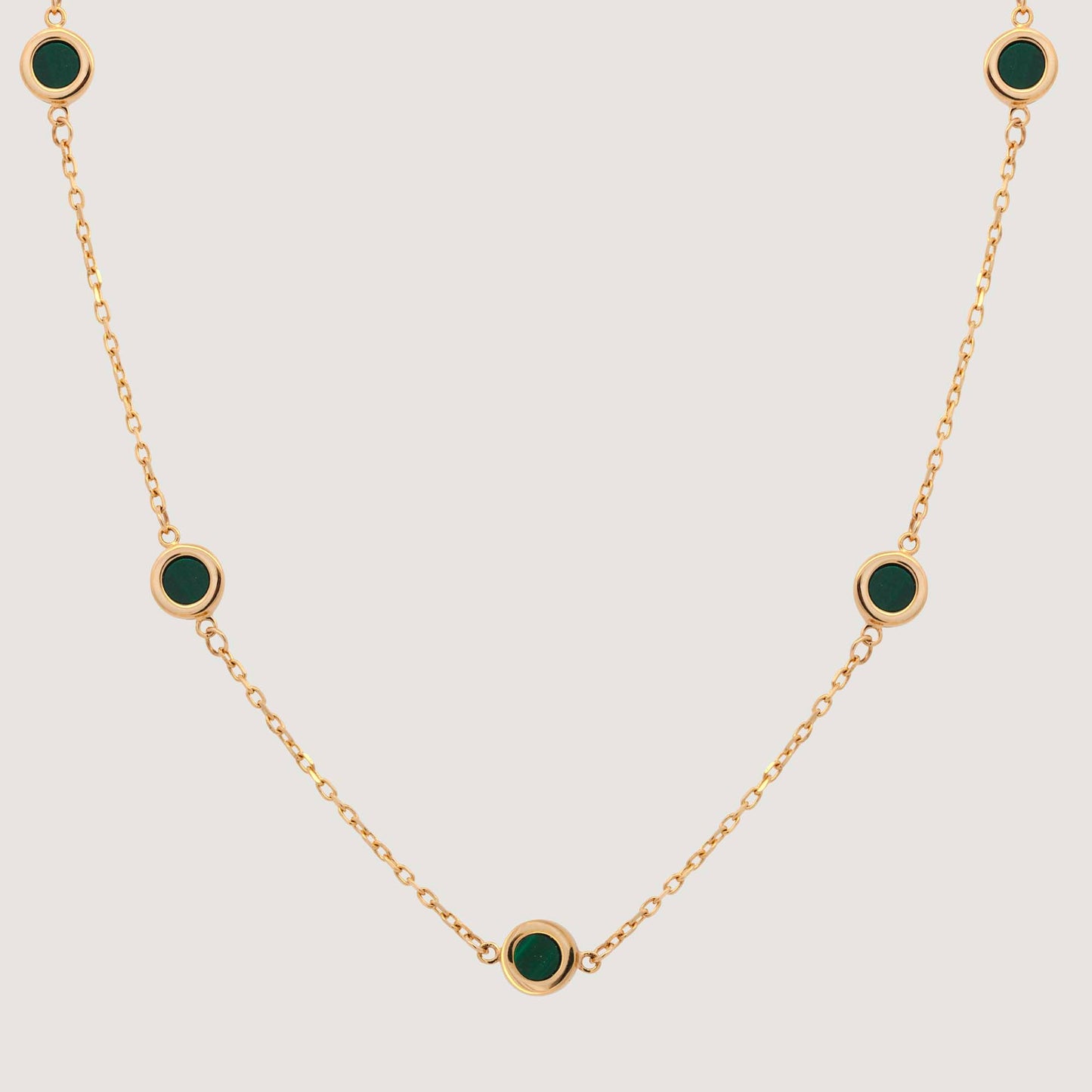 14K Yellow Gold Bezel Green Malachite Station Necklace