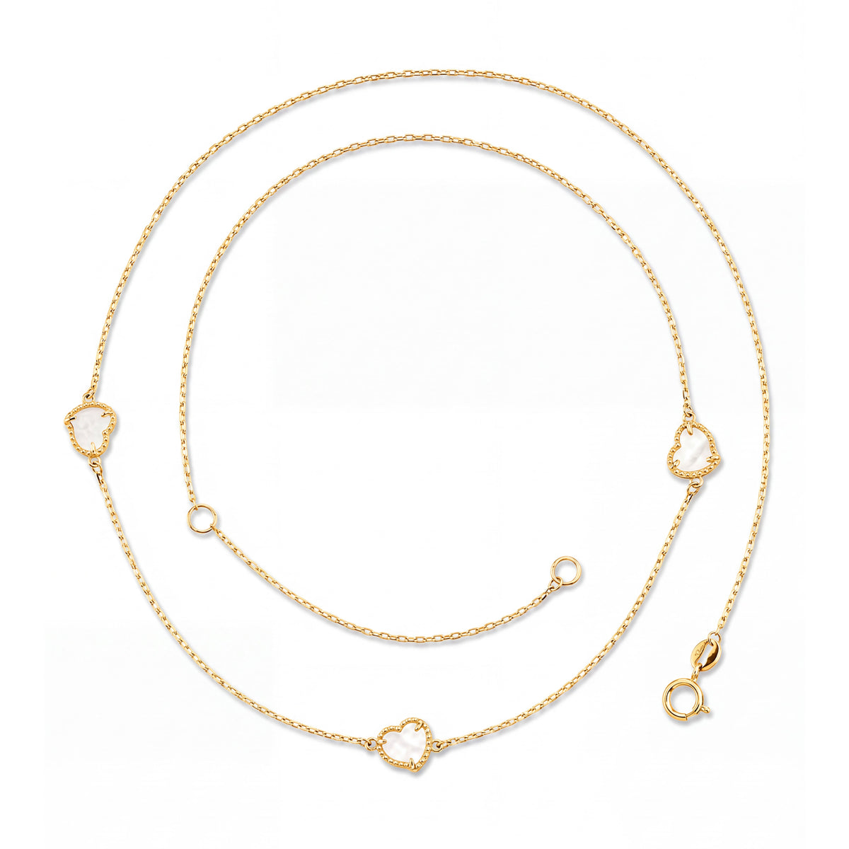 14K Yellow Gold & Mother of Pearl Three Hearts Station Necklace