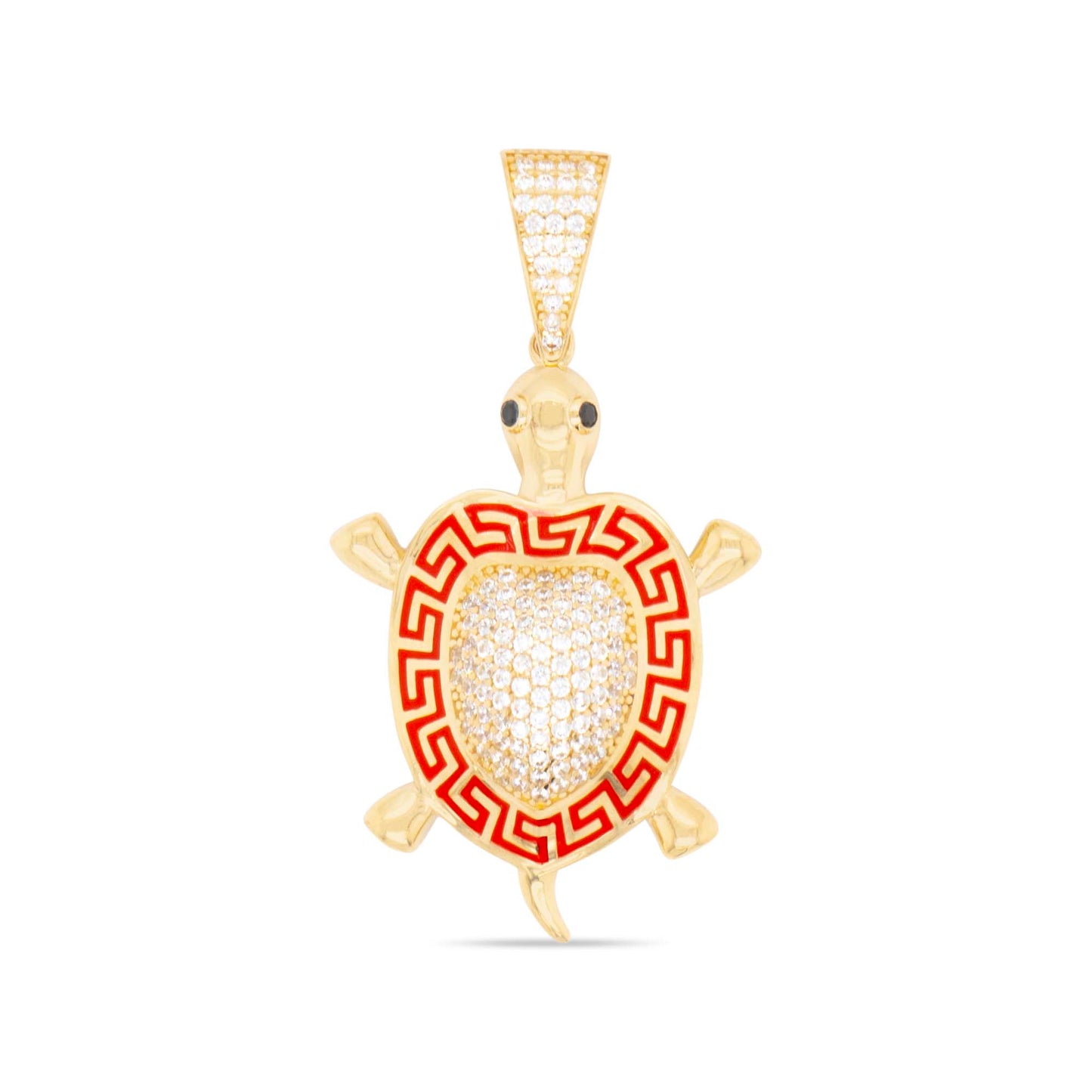 14K Yellow Gold Red Greek Pattern Turtle Pendant