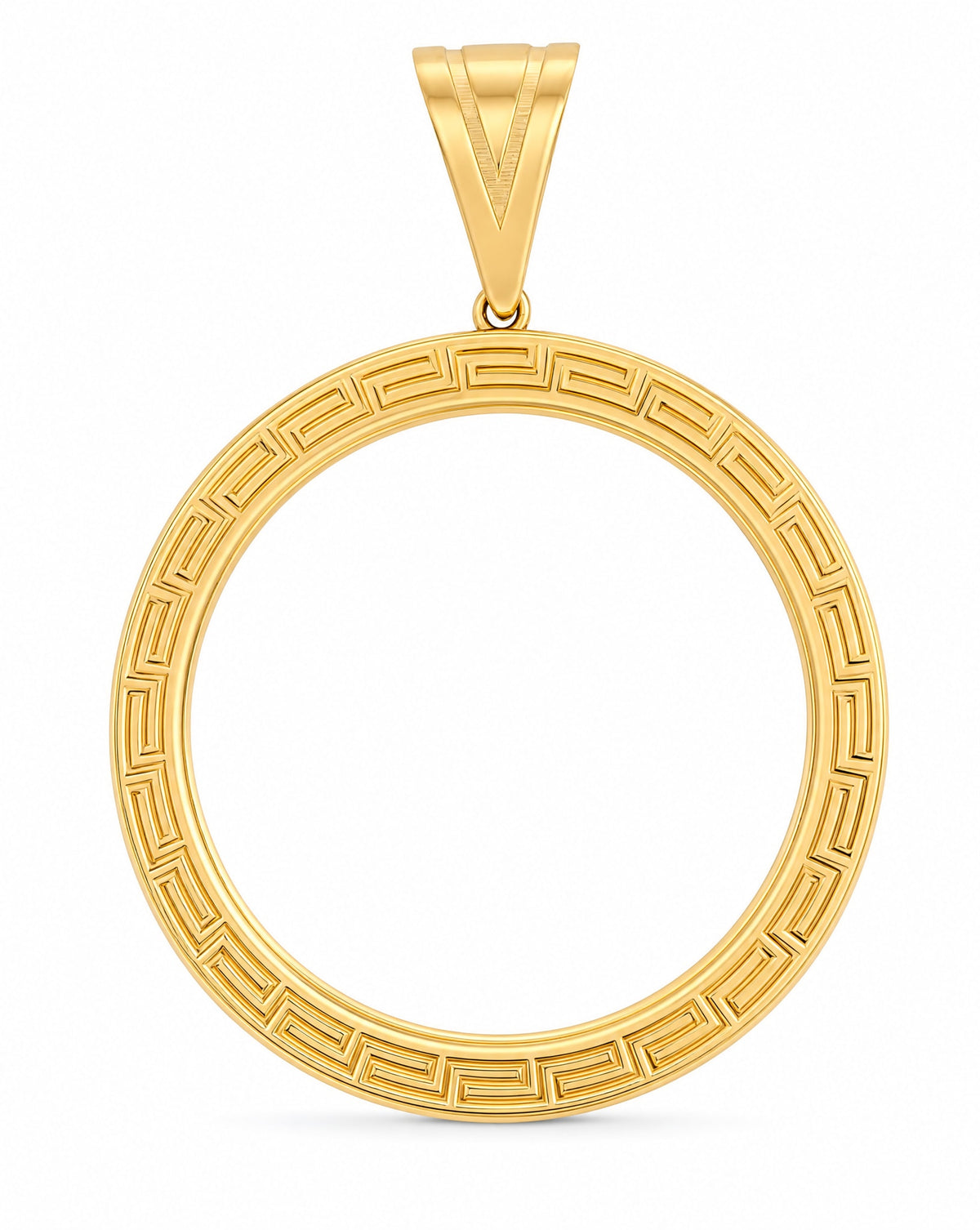 14K Yellow Gold Round Coin Bezel Greek Key Picture Men's Pendant