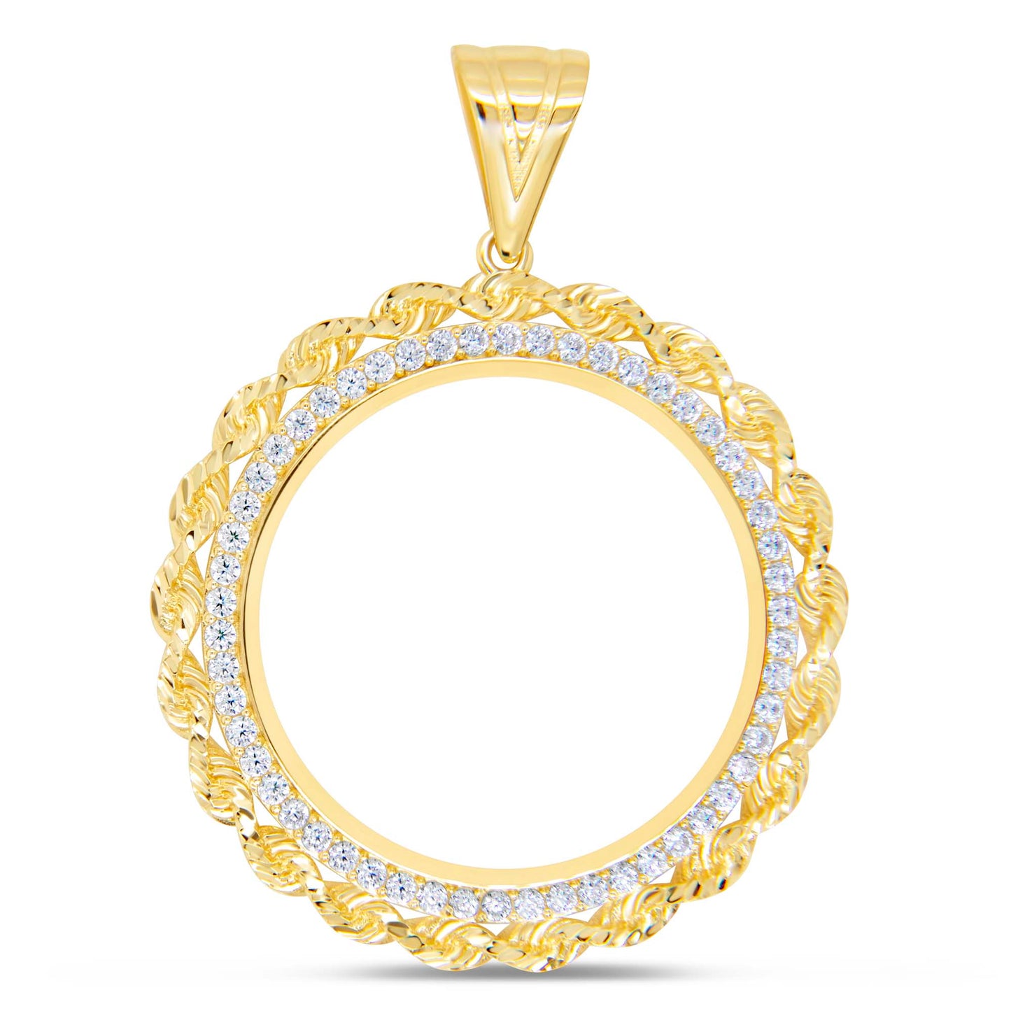 14K Yellow Gold Round Coin Bezel Twisted Rope CZ Men's Pendant