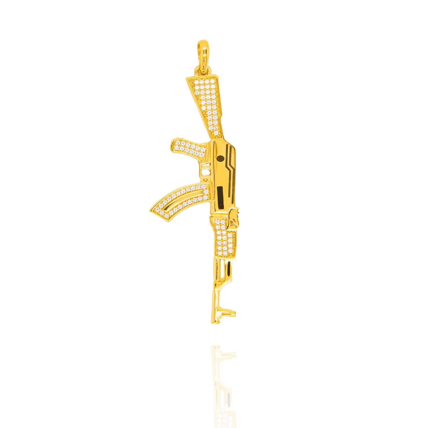 14K Yellow Gold Rifle with Black Enamel and White CZ Men's Pendant