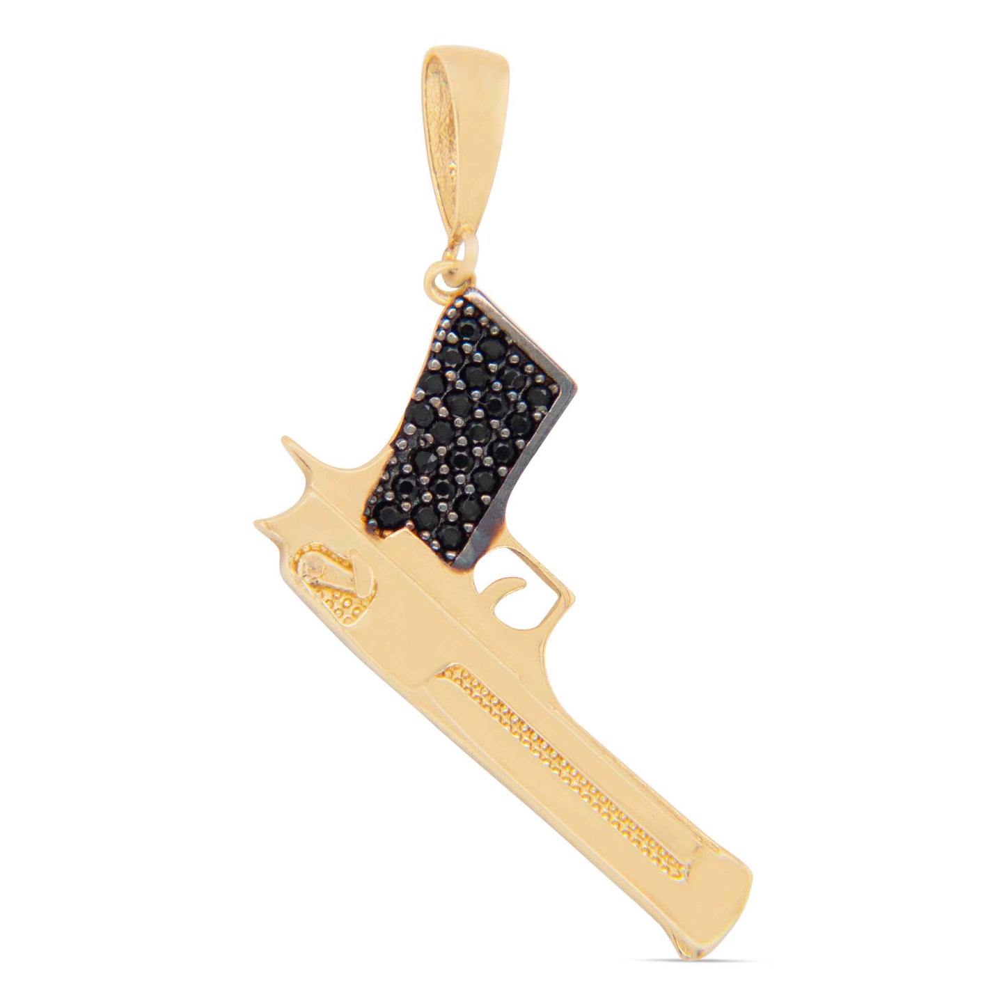 14K Yellow Gold Dangling Gun with Black CZ Men's Pendant-1