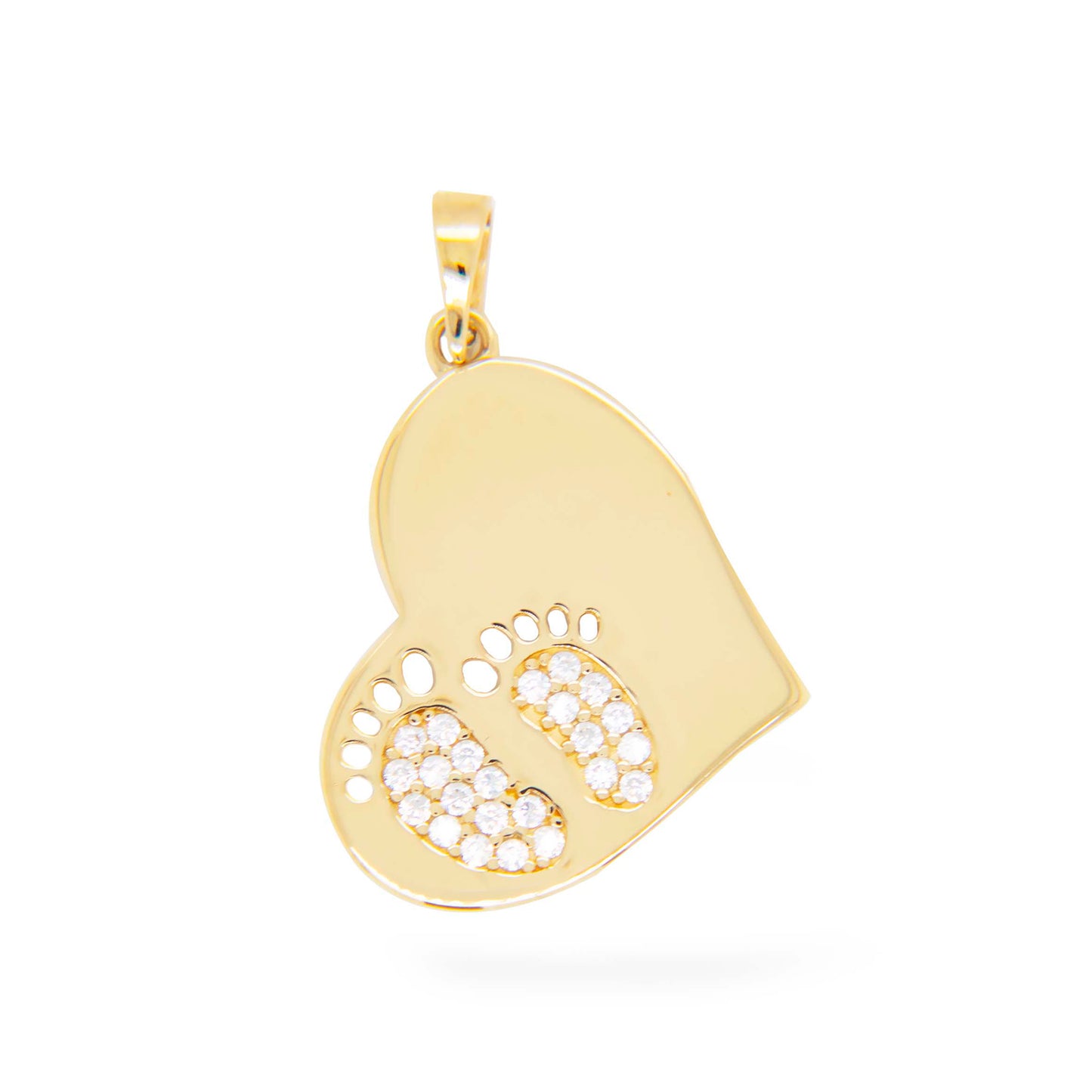 14k Yellow Gold CZ Baby Feet Heart Pendant