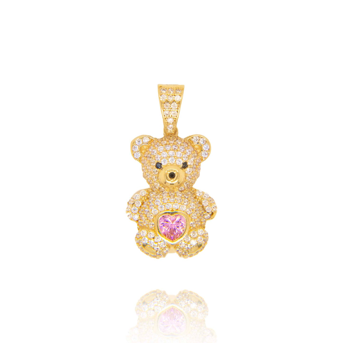 14K Yellow Gold Pink CZ Teddy Bear Pendant