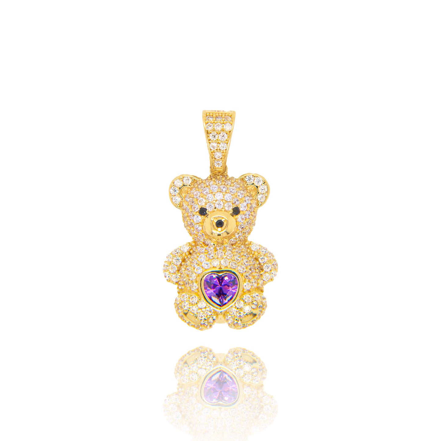 14K Yellow Gold Purple CZ Teddy Bear Pendant