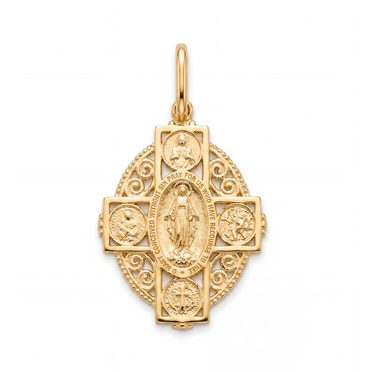 14k Yellow Gold Milagrosa Medal Multi-Saint Cross Pendant