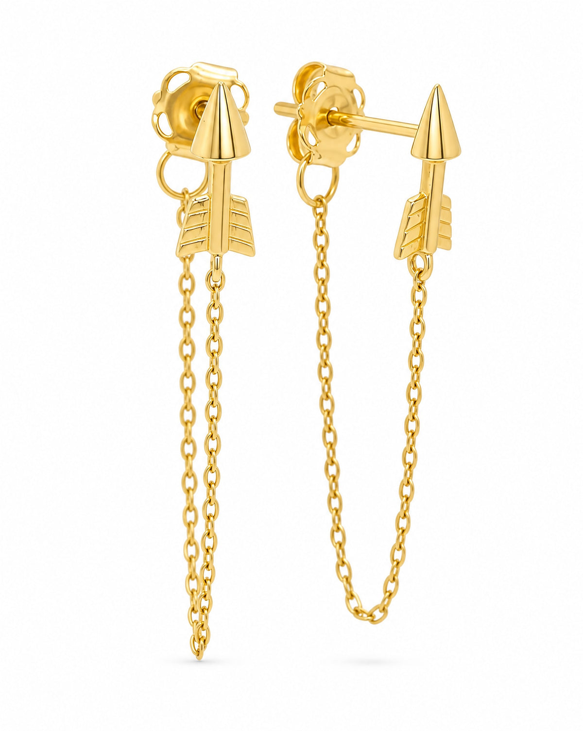14K Yellow Gold Arrow Chain Pushback Earrings