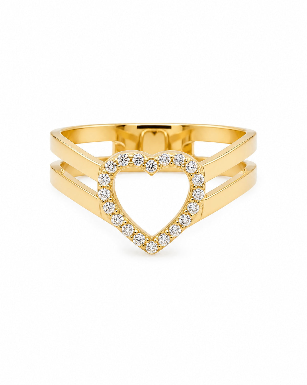14K Yellow Gold CZ Open Heart Double Band Ring