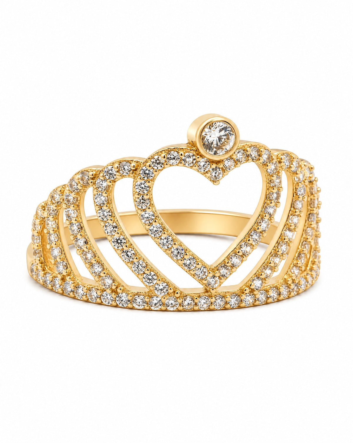 14K Yellow Gold Crown Heart Solitaire CZ Ring